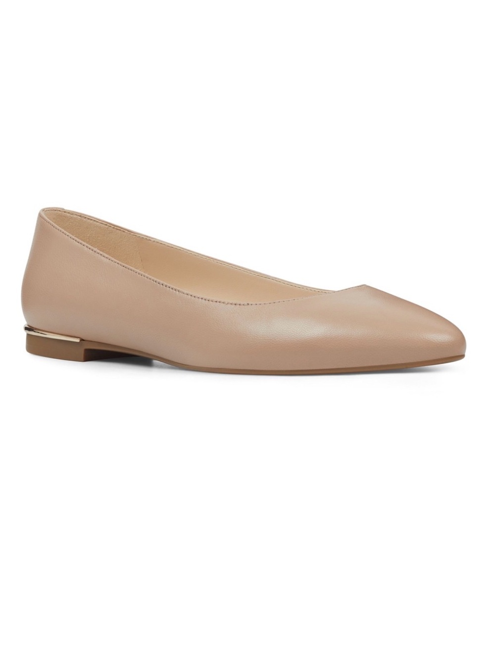 Nine West Leather “Corinne” Light Taupe Pointed-Toe Flats w Gold Detail on heel.